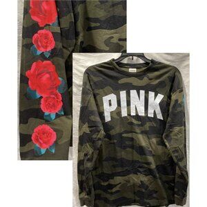 PINK Victorias Secret T-Shirt size XS Camo Rose Graphic Logo Long Sleeve Tee